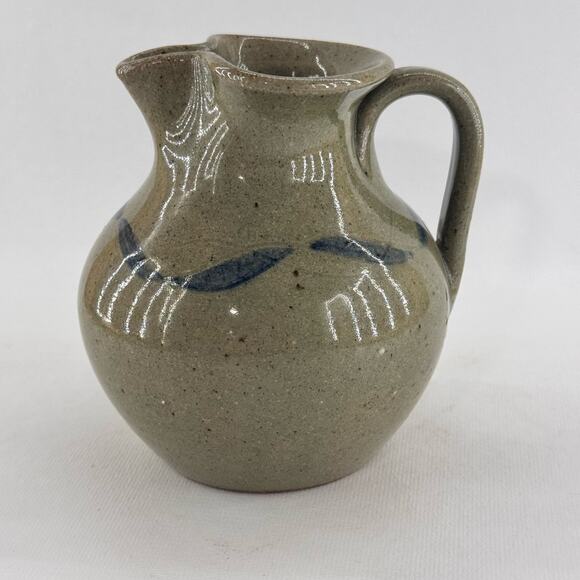 Handmade Studio Art Pottery Stoneware Pitcher Green Blue Primitive 5" Stamped - Picture 1 of 8